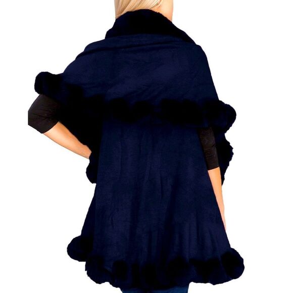 New Version! Fluffy Navy Blue double layer Faux Fur CAPE Coat - Picture 2 of 10